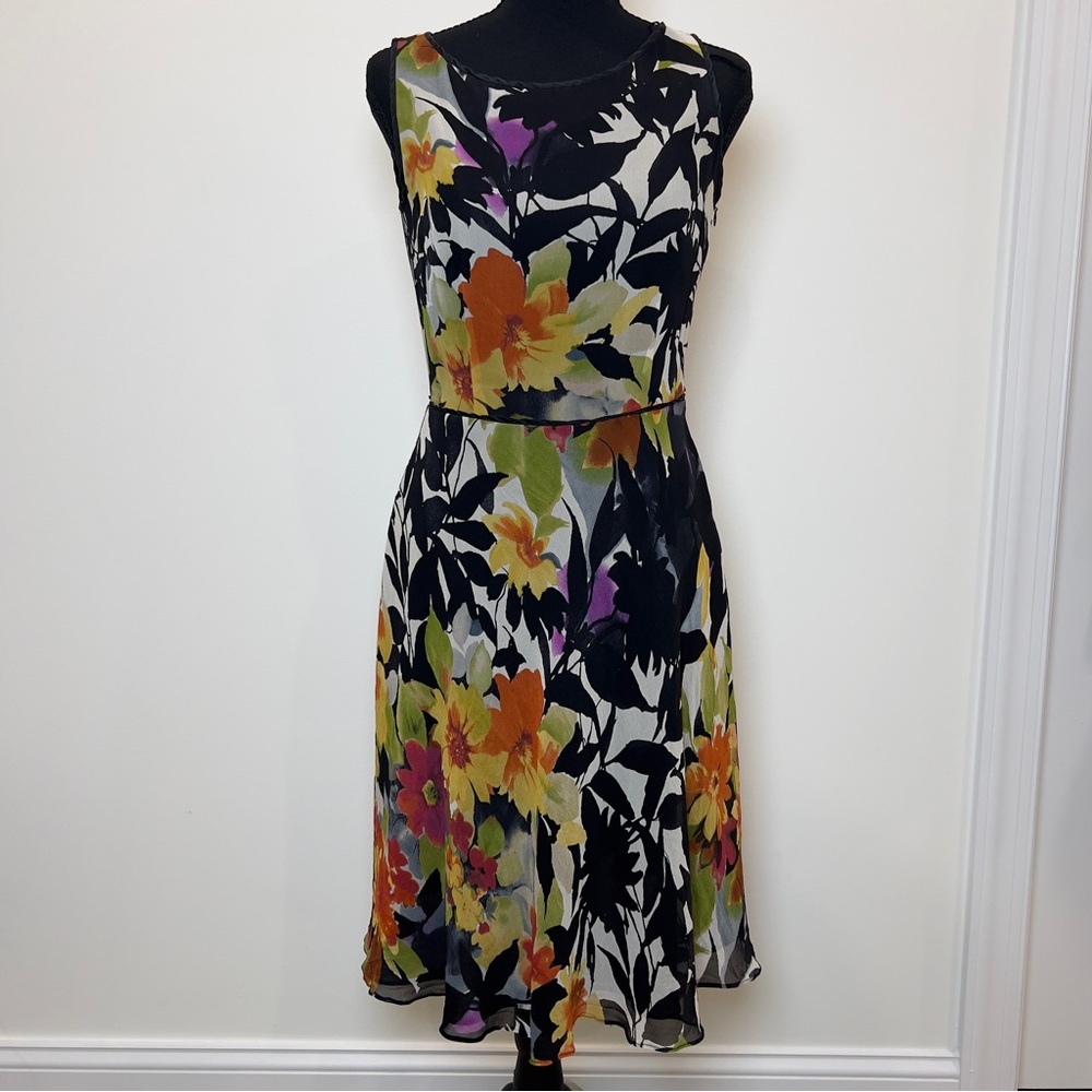 Adrianna Papell Vibrant Black and Floral Silk Midi Dress Size 4 Petite